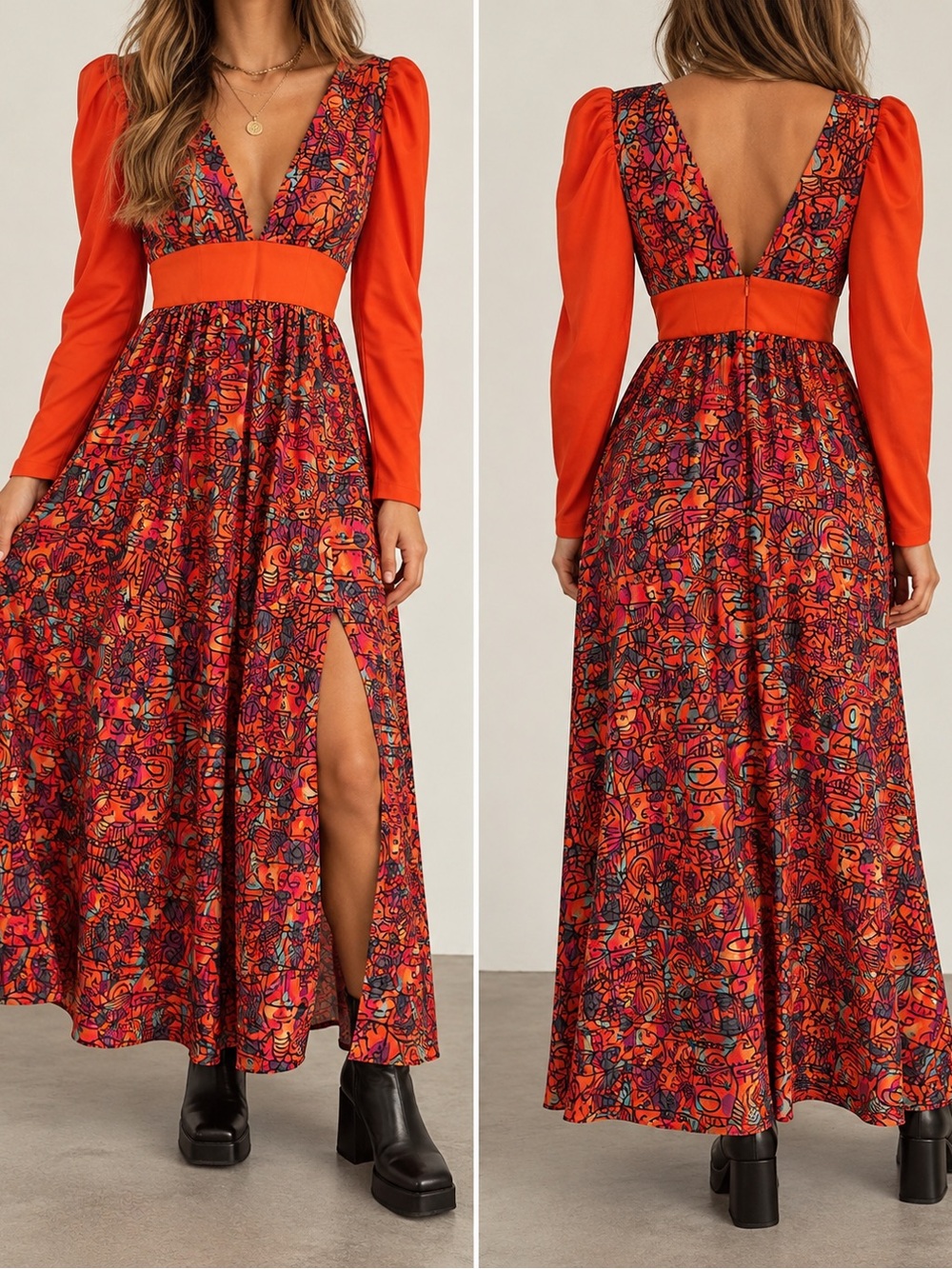 KIWI + PUNCH Size M Abstract Print Orange Long Sleeve Maxi Dress NWT
